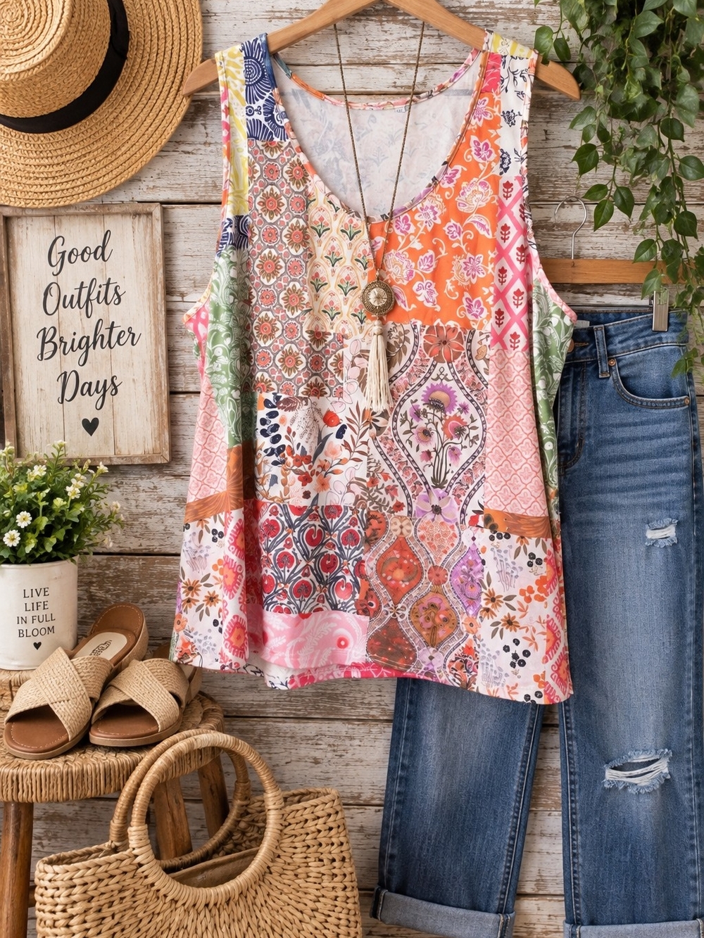 Bohemian Patchwork Floral Sleeveless Tank Top - Pink Multi 5x